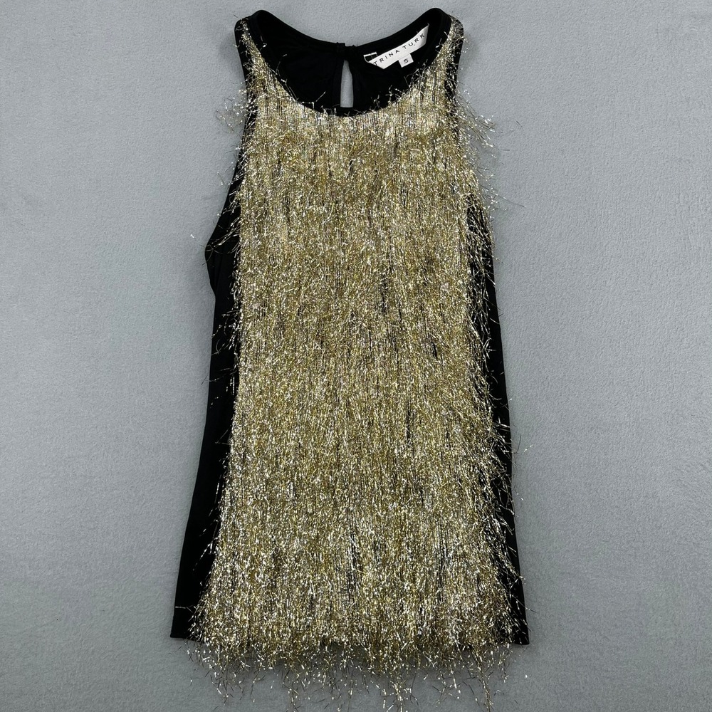 Trina Turk Gold Metallic Tinsel Fringe Sleeveless Top Black Small